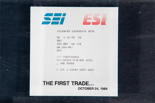 Archival photo of first trade placed with SEI technology.