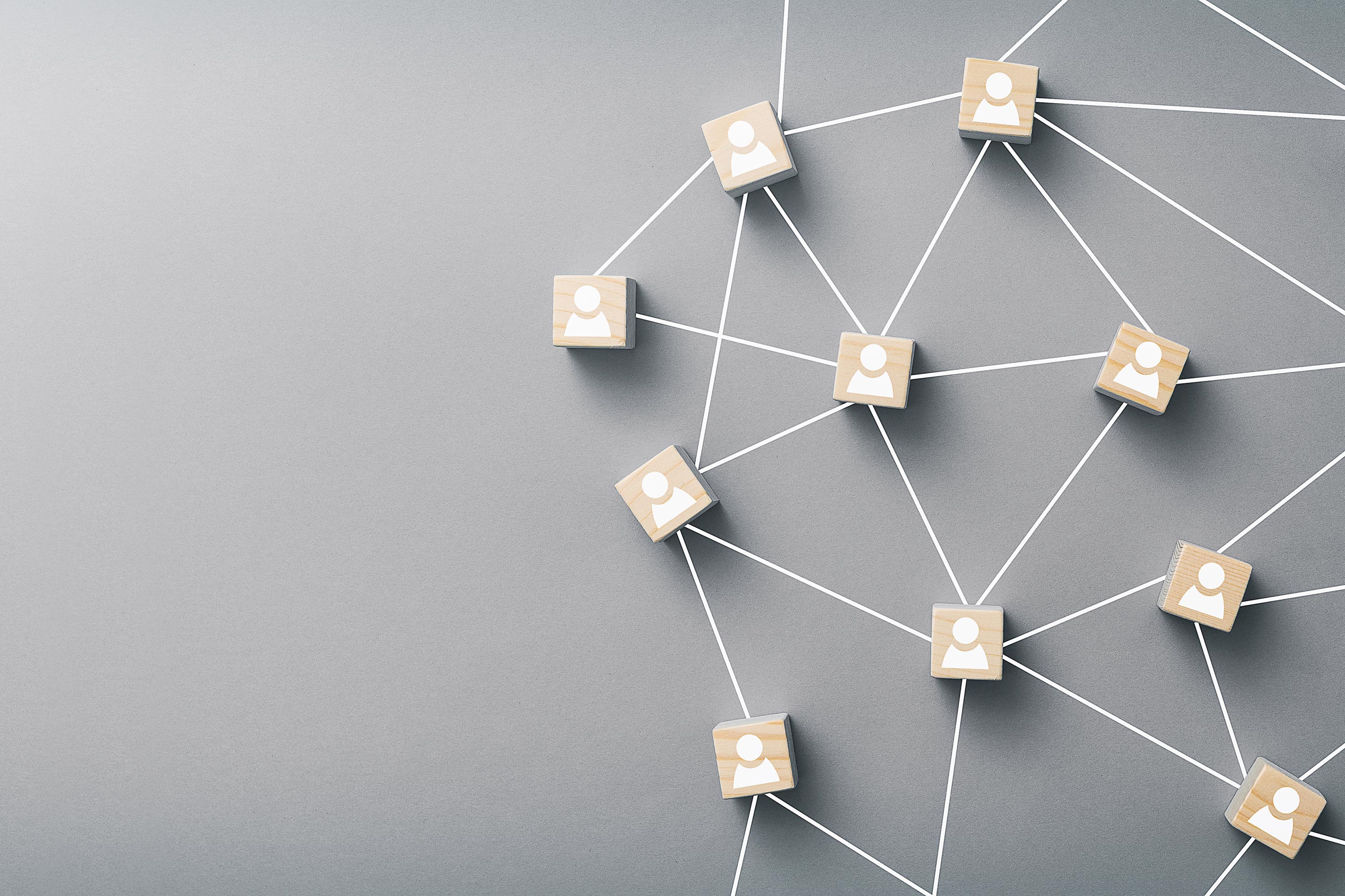 Many small wooden blocks with white figures are connected by lines creating a community.