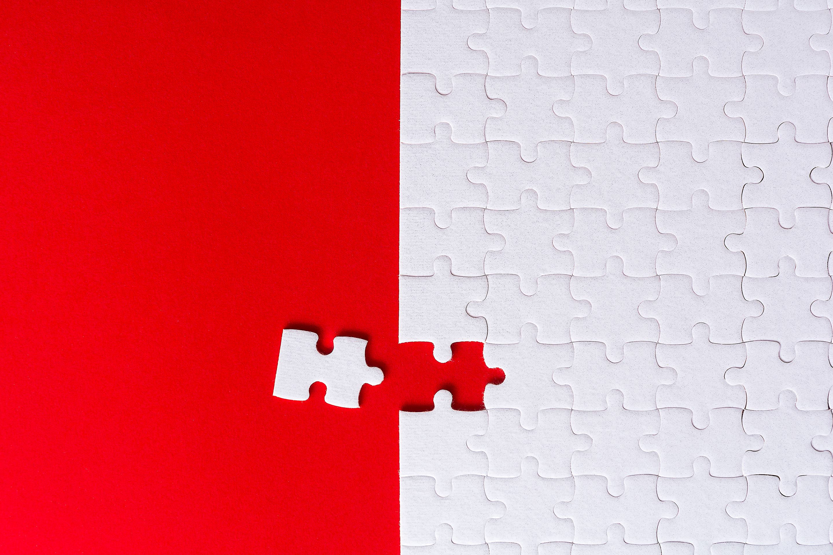 A single red puzzle piece overlaps a field of white pieces, representing adaptability.