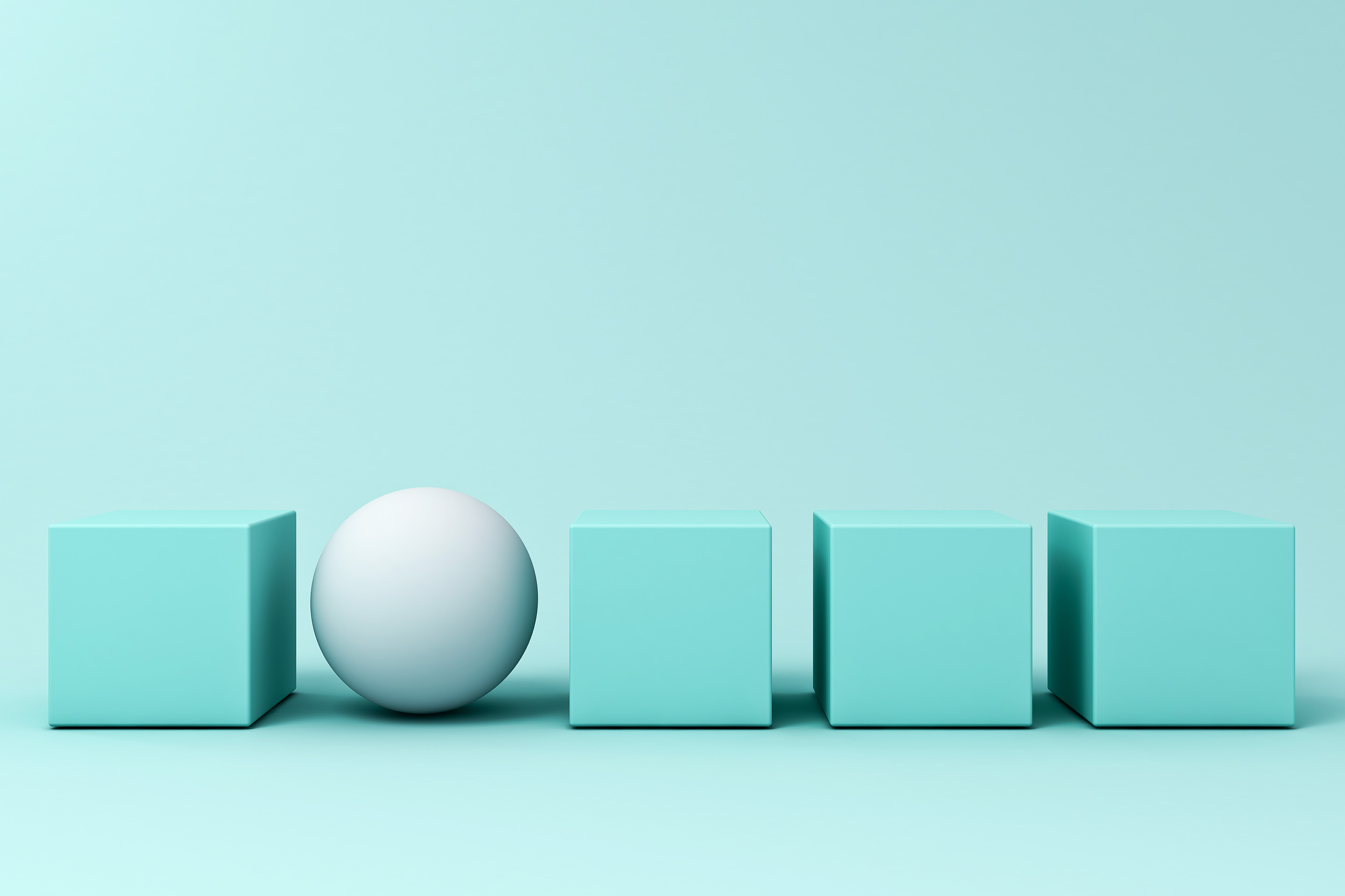 A white sphere sits among a row of blue boxes, representing customization.