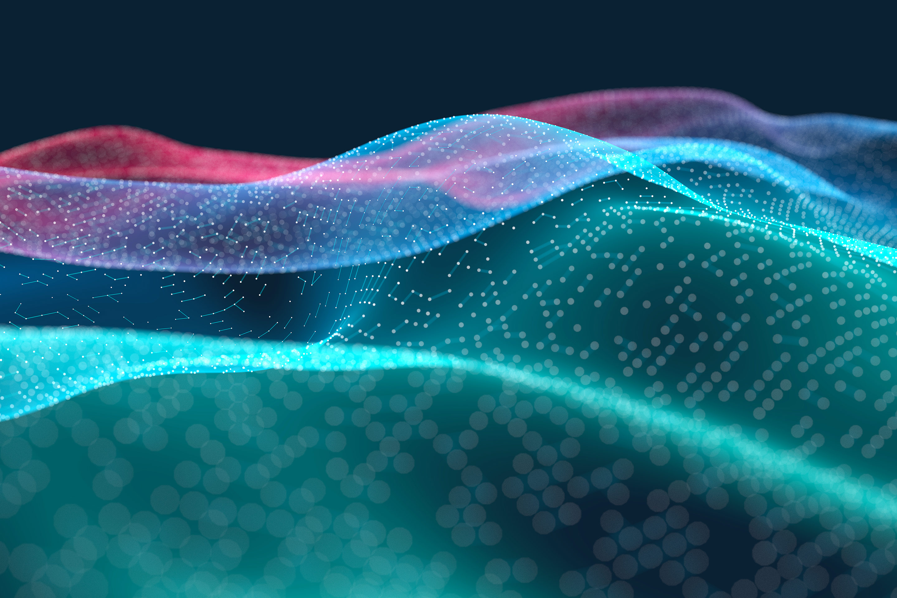 Waves of vibrant data in blue, greens and reds dance across a field creating an ecosystem
