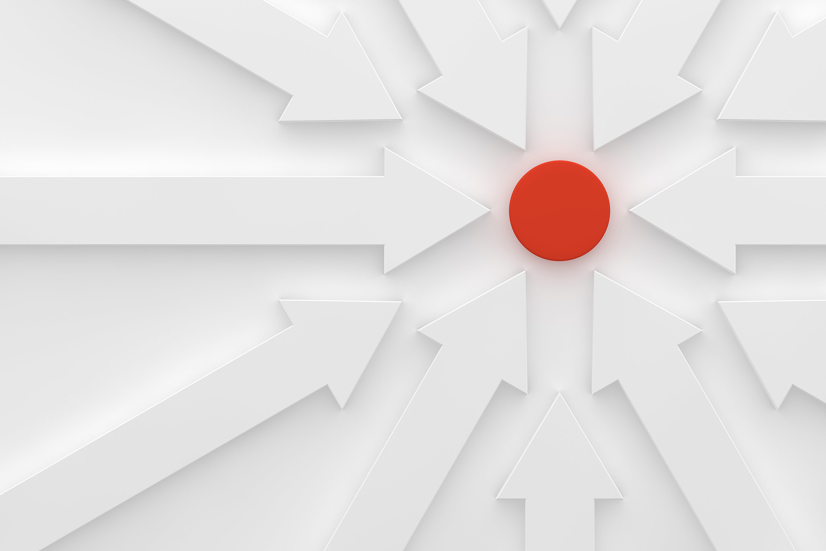 A white image of a series of arrows all pointing towards a red center as a metaphor for investing goals
