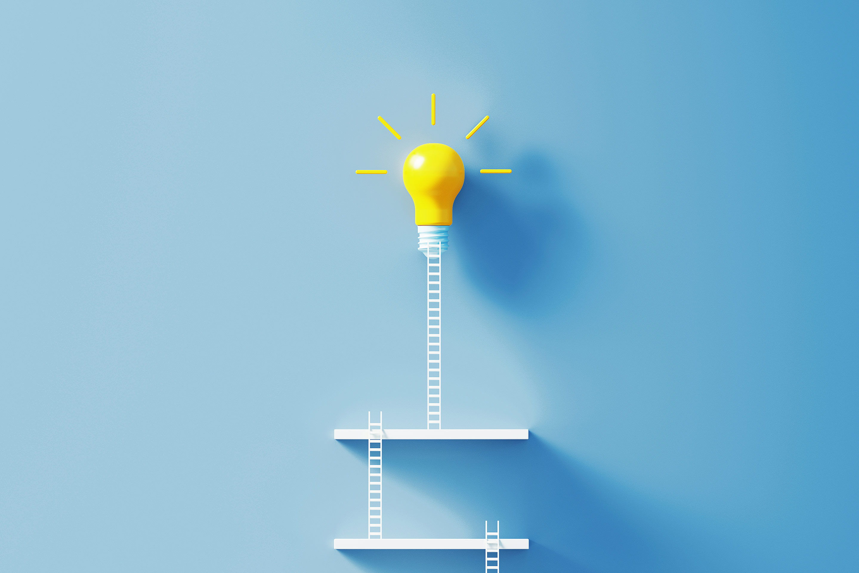 Small white ladders leading to a bright yellow lightbulb, creating a modern scene