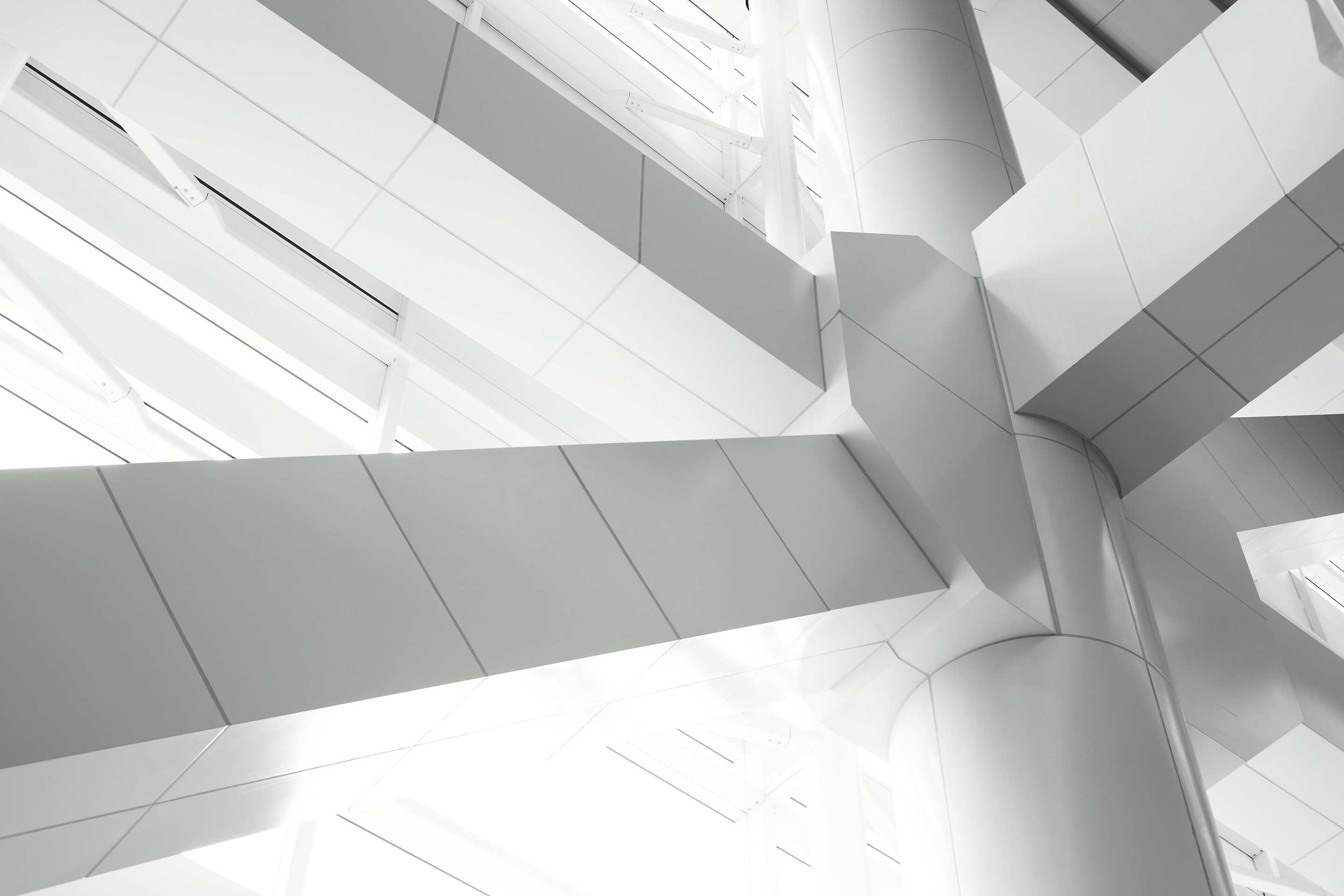 Stark white beams reach into the sky, connecting together to hold up the roof, representing the strength in working together in partnership.
