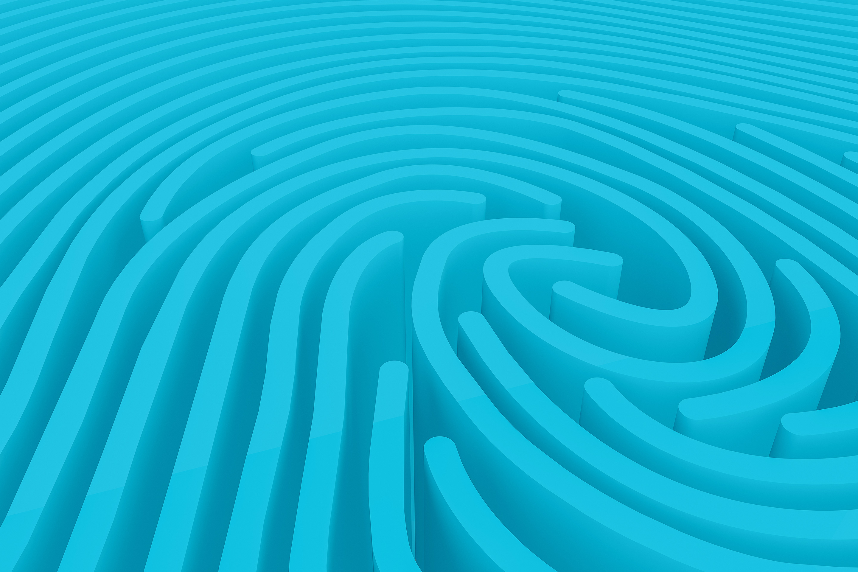 Computer-generated lines in aqua blue curve around each other, reminiscent of a maze or a fingerprint imagined in 3D