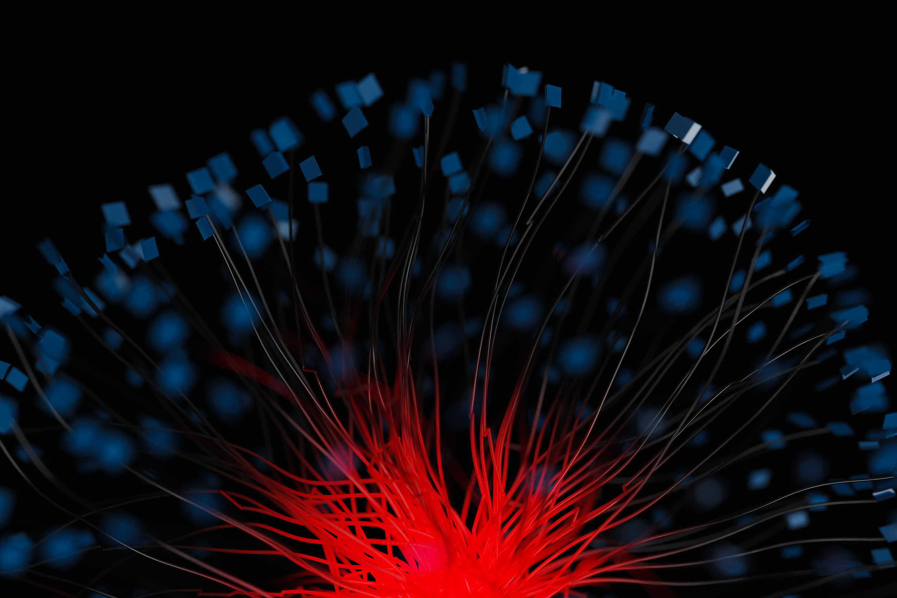 A powerfully bold image shows dozens of fire-red optic fibers stretching upward from a central point, energizing and lifting cold, blue, cubical components suspended against a dark background.