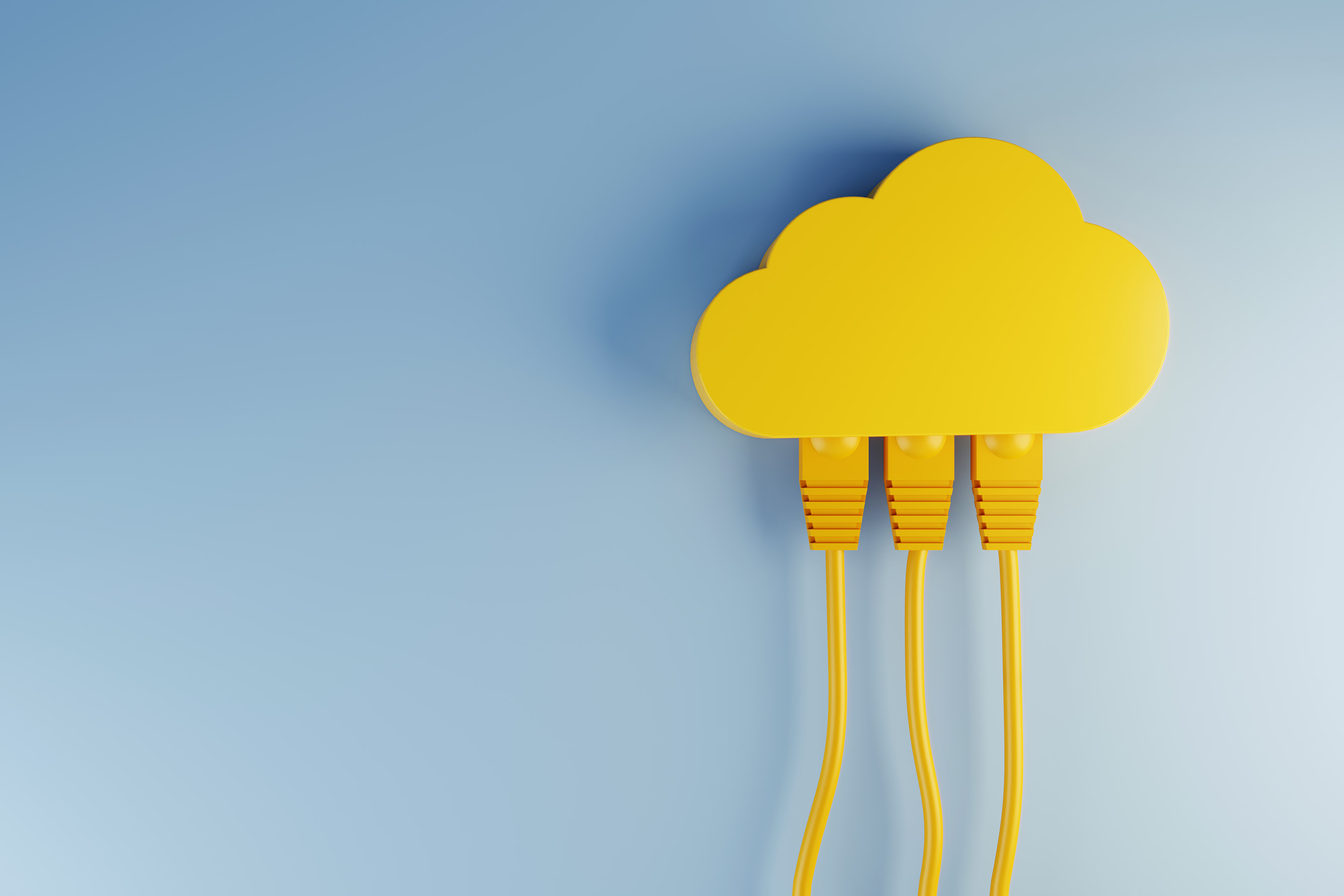 Floating against a soft blue background, three bright yellow power cords descend from a whimsical, cloud-shaped, yellow outlet hub, which they are plugged into.