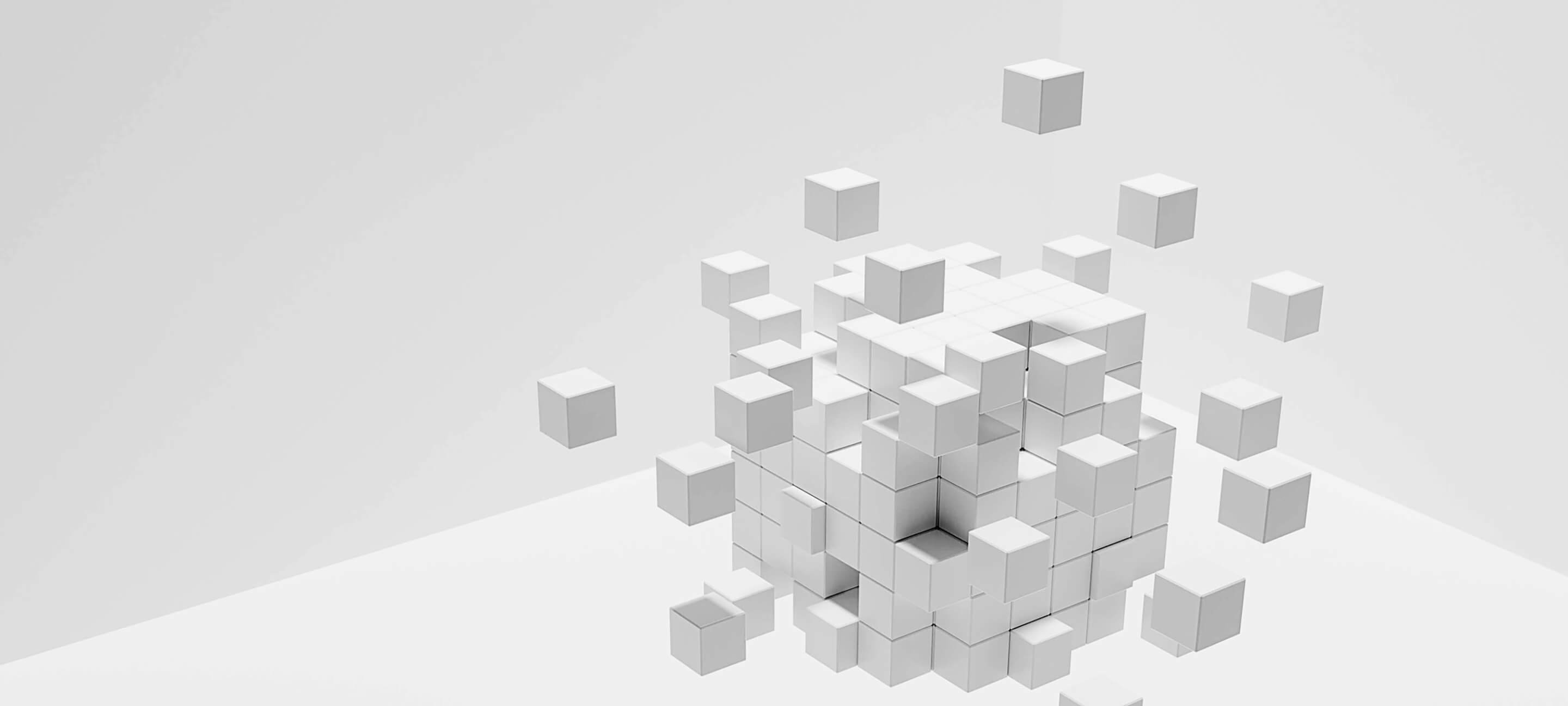 3D blocks float into formation, creating one large block.