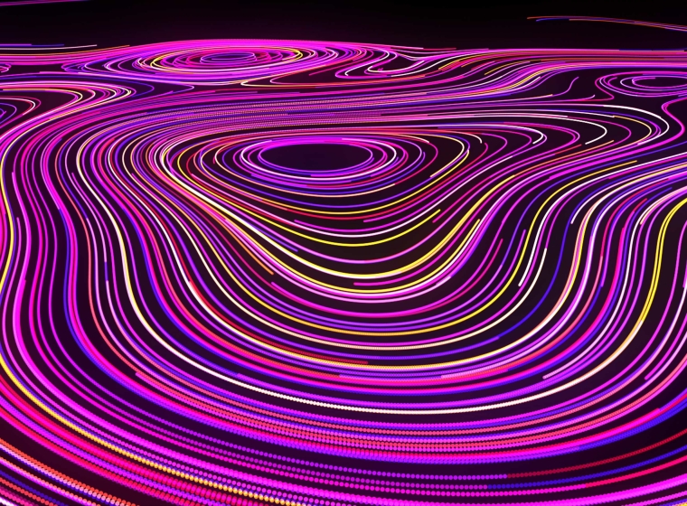 Vibrant pinks, purples, blues, and yellows streak around connecting data to each other digitally