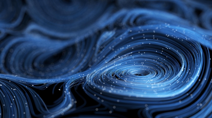 Bands of blue flow and swirl, dotted with white sparks, representing connectivity.