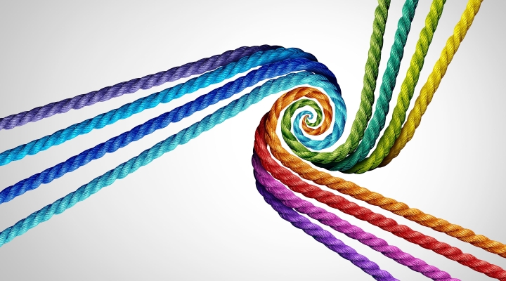 A rainbow of colored ropes twist together as a metaphor for interactivity.