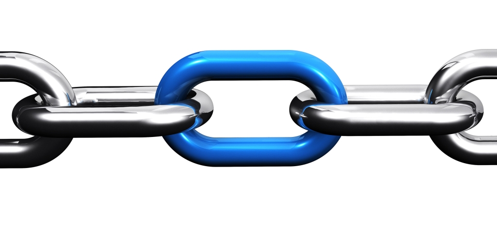 A bold, eye-catching, blue link connects links in a silver chain.