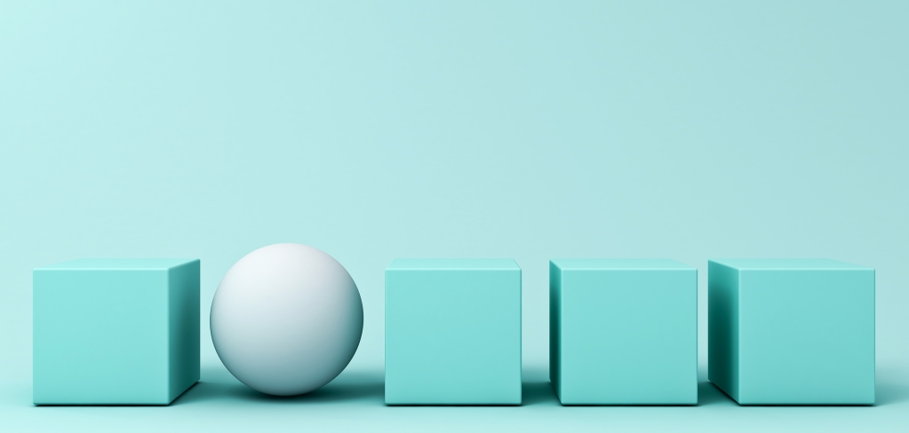 A white sphere sits among a row of blue boxes, representing customization.