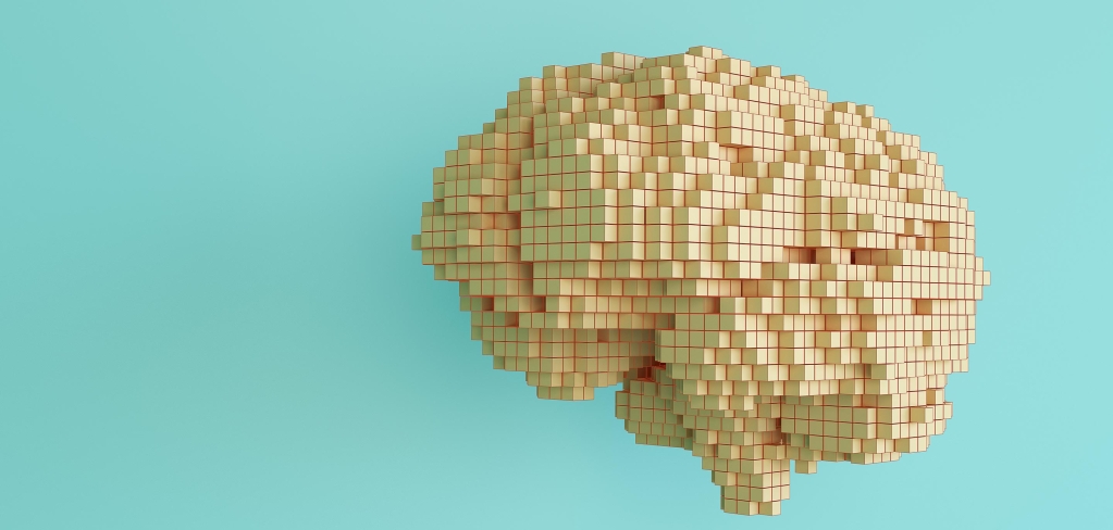 Many small brown bricks form the shape of a brain on a blue background representing intelligence