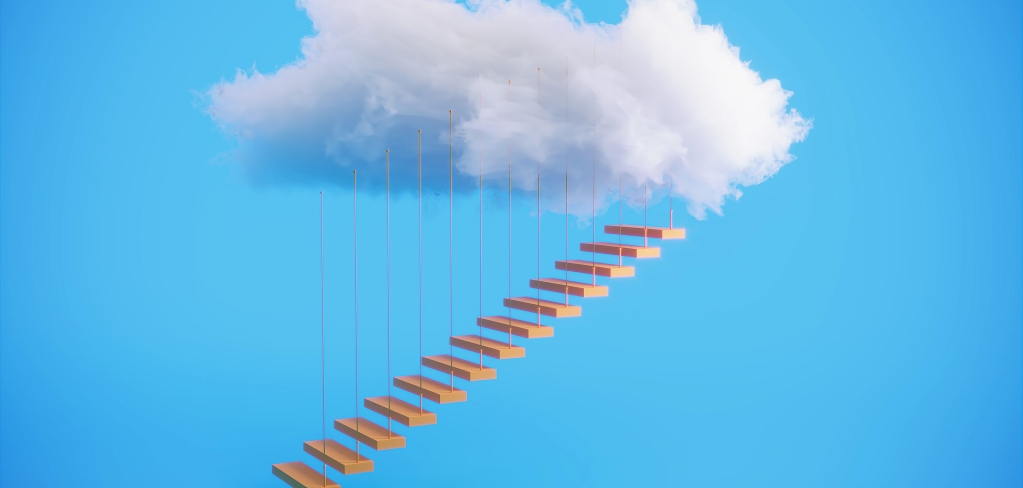 Image of staircase leading to clouds, on a blue background, as a metaphor for potential investment returns