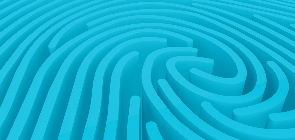 Computer-generated lines in aqua blue curve around each other, reminiscent of a maze or a fingerprint imagined in 3D