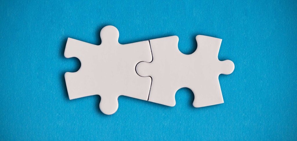 Two white puzzle pieces connect on a blue background representing an ecosystem