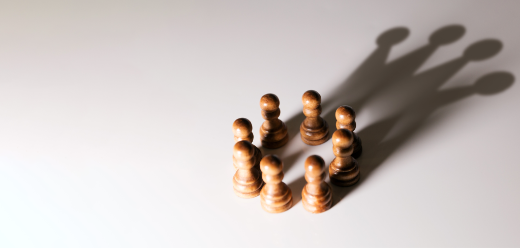 Wooden chess pieces arranged in a circle on a white background