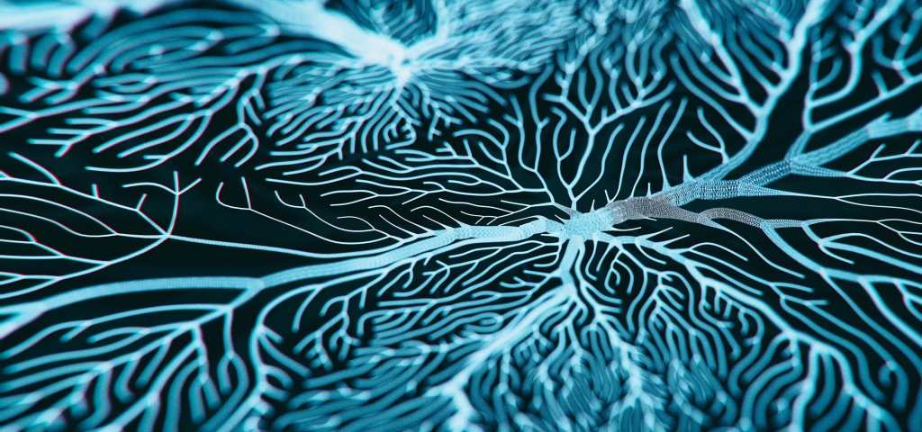 Electric blue coral branches out across a black background, expressing our connections to each other