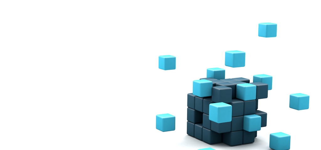Light blue cubes float down to find a place among a larger dark blue box, representing connectivitiy.