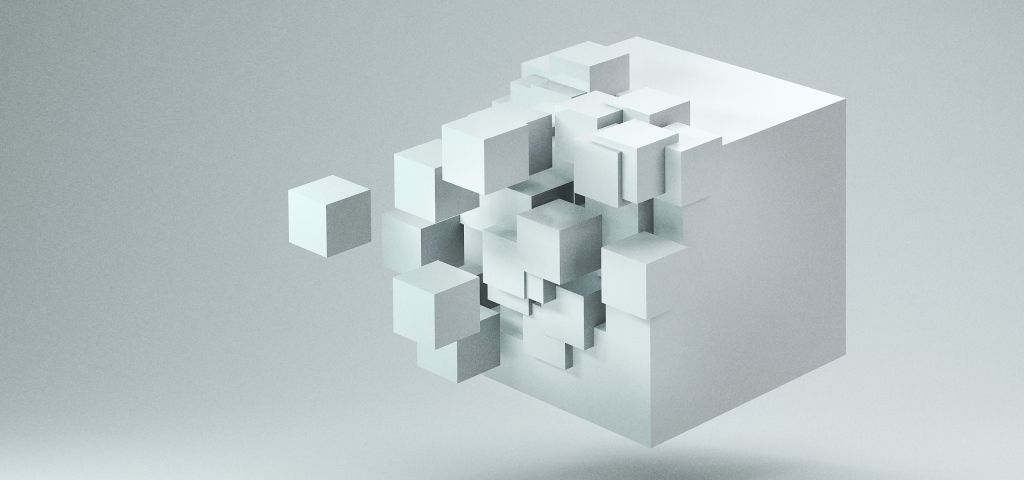 A curious white cube is partially constructed as it floats on a white background. It&#39;s either dissolving into smaller white 3D cubes, or being assembled by them.