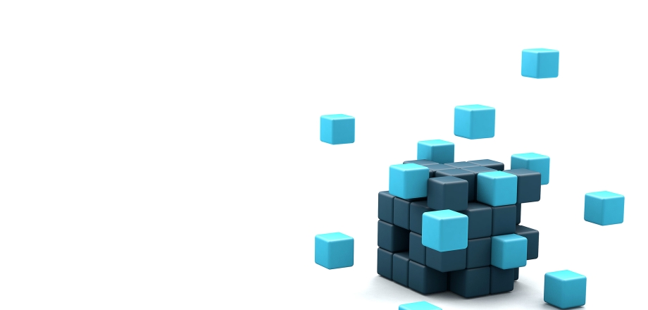 Light blue cubes float down to find a place among a larger dark blue box, representing connectivity.