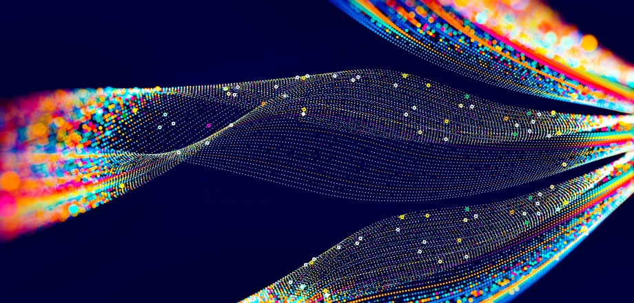 Colorful ribbons of data flow across a dark background, coming together to form something greater, showing the value of integration.