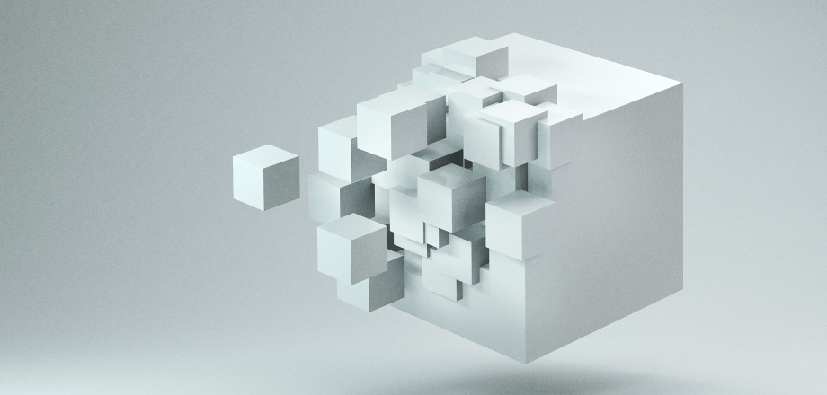 A curious white cube is partially constructed as it floats on a white background. It&#39;s either dissolving into smaller white 3D cubes, or being assembled by them.