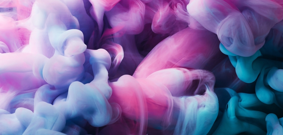 Fascinating shapes intertwine within colorful, fast-moving clouds of vapor in bold, beautiful blues, aquas, and fuchsias.