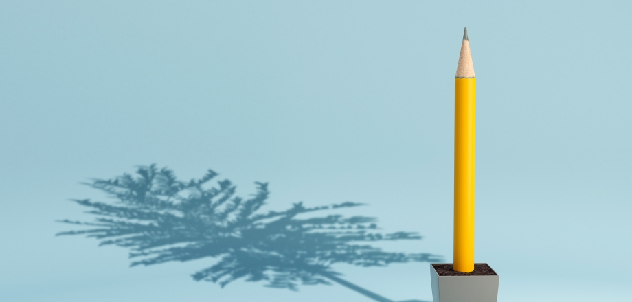 Image of a large pencil in a planter's box, with a tree as its shadow as a sign of progress