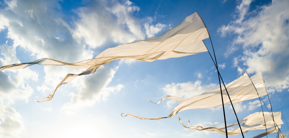 White flags blow in the breeze on a bright, sunny day.