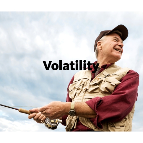 A smiling, happy man fishing on a sunny day, overlaid with the word Volatility.